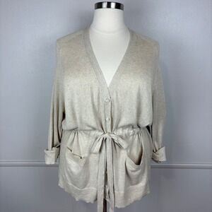 Lands End Linen Blend Long Cardigan NWT Size 3X Beige Button Front Pockets Belt